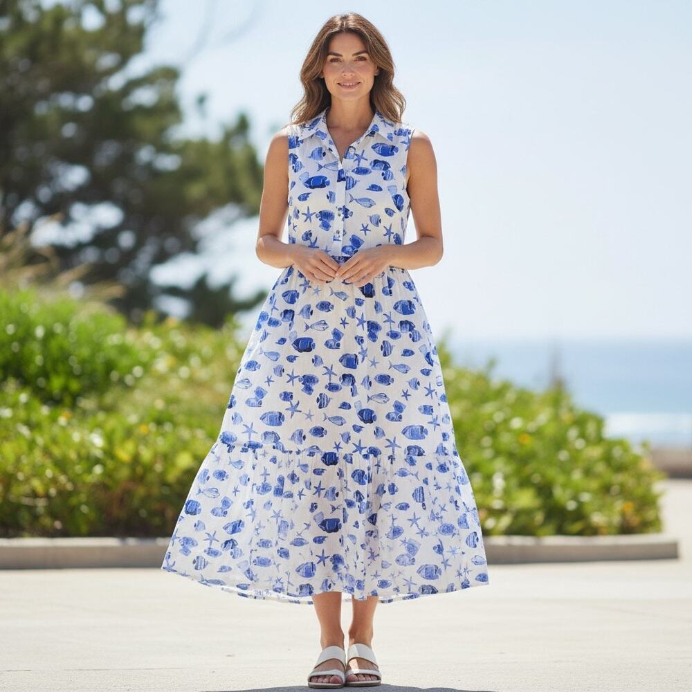 Rachel Zoe Nautical Midi Dress Medium Sleeveless Fish Starfish Button Up Collar